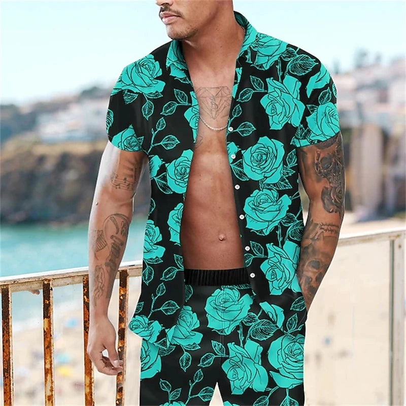 Camisa de manga corta de estilo de vacaciones de playa, conjunto de 2 piezas con estampado de árbol de coco de verano, camisa de un solo botonadura y pantalones cortos con cordón