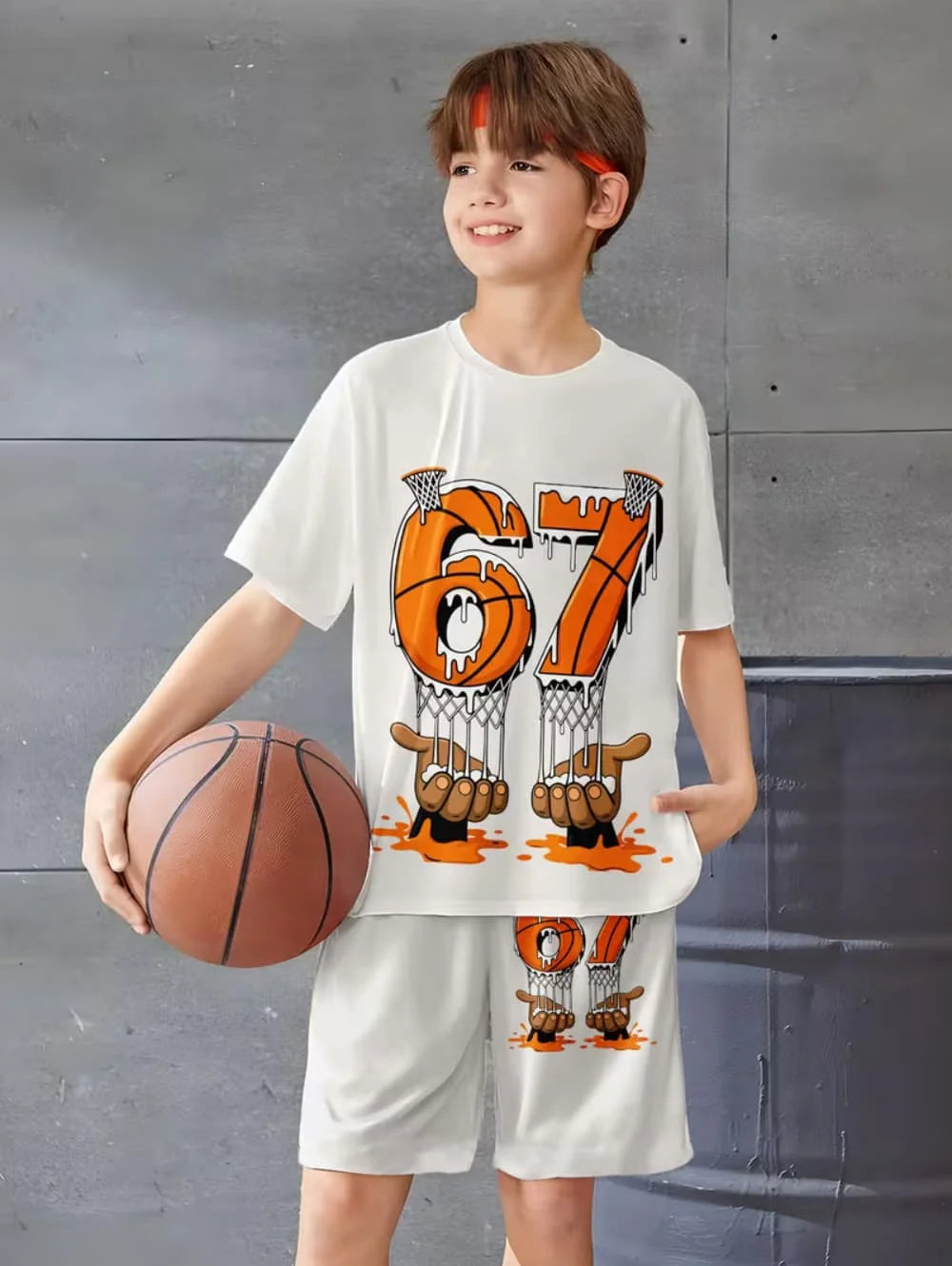 Divertido Conjunto de 2 Piezas para Niños con Estampado de Números Italianos 67, Camiseta de Manga Corta + Pantalones Cortos, Ropa para Niños