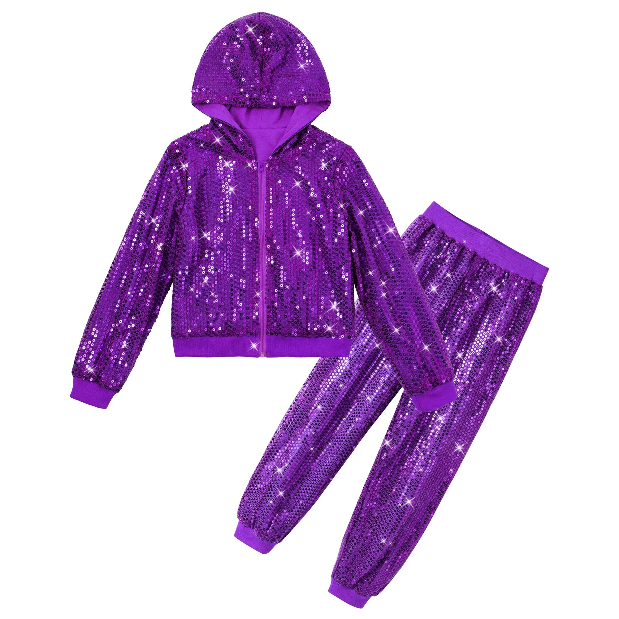LOlanta-Conjunto de chaqueta y pantalones con capucha para niña, 2 piezas, lentejuelas, ropa de baile de Hip Hop, trajes de fiesta temáticos para niños de 5 a 12 años