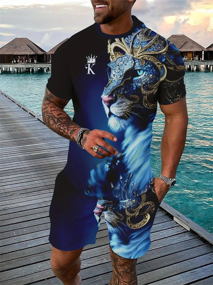 Traje deportivo informal para hombre con estampado divertido, camiseta de manga corta y pantalones cortos con cuello redondo, conjunto de dos piezas, conjunto de moda urbana para exteriores