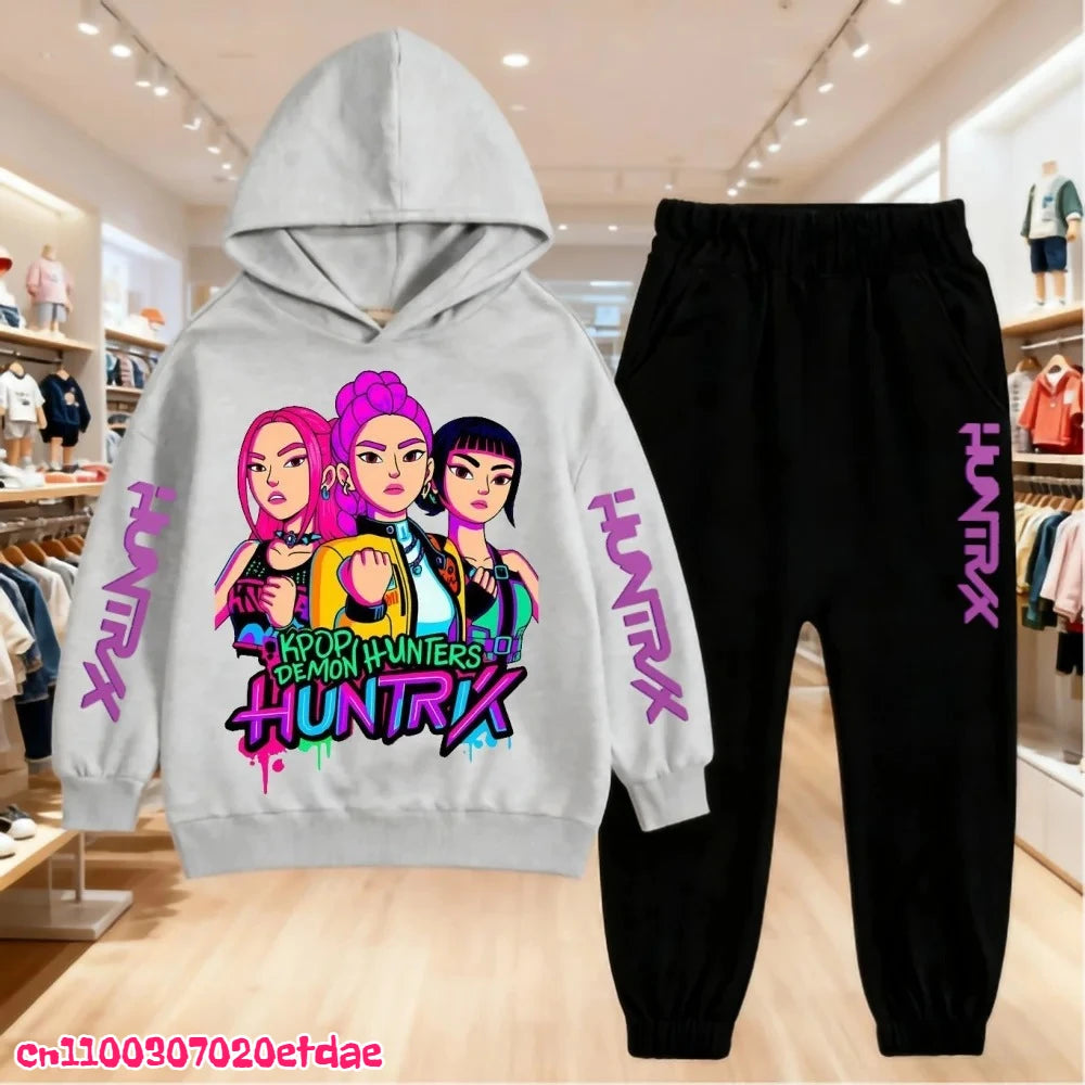 Otoño Invierno Sudadera con capucha para niños KPop Demon Hunters ropa de ocio prendas de vestir exteriores sudadera + Pantalones conjunto 3-12 años niños niñas regalo