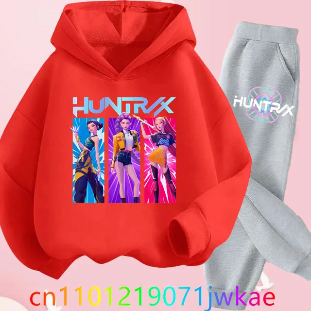 Conjuntos de sudaderas con capucha y pantalones de cazadores de demonios para adolescentes, Sudadera con capucha de película de Anime coreano para niños y niñas, trajes deportivos con capucha de manga larga a la moda