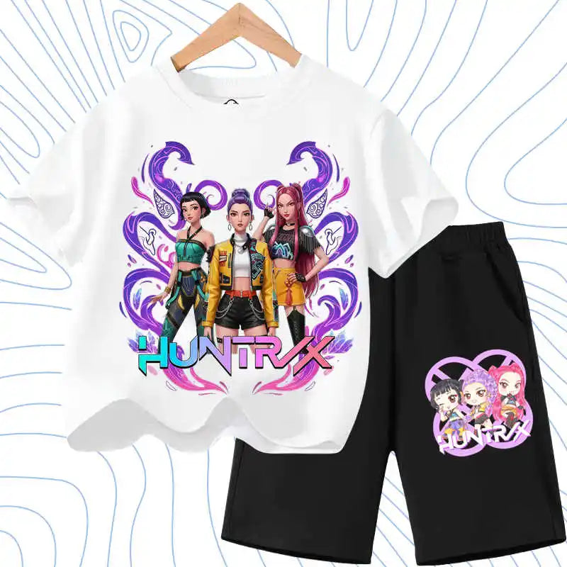 Conjuntos de Camisetas Casuales de Verano para Niñas, Estampados de Dibujos Animados K POP, Conjuntos de Moda para Niños, Camisetas de Cuello Redondo y Manga Corta para Adolescentes, Pantalones Cortos, 2 Piezas