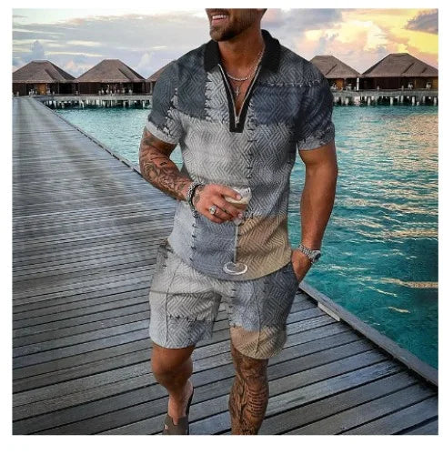 Novedad de verano, chándal para hombre con estampado 3D, Polo de manga corta con cremallera, conjunto de pantalones cortos para hombre, ropa de calle informal, traje de 2 piezas