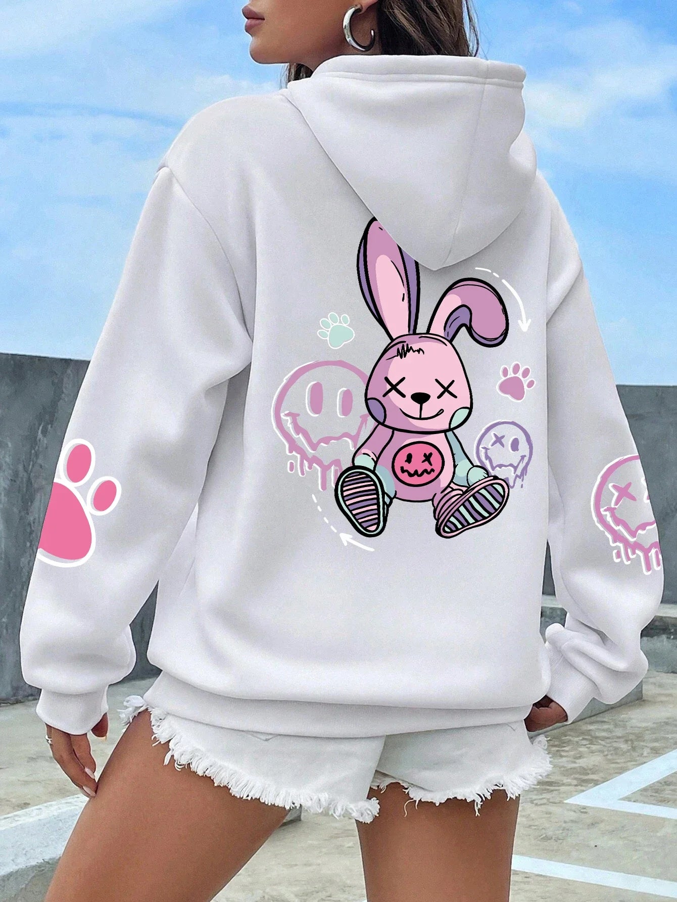 Sudaderas con capucha estampadas informales de Hip Hop Street, sudaderas holgadas a la moda, estampado informal cálido de otoño para mujer, capucha de lana Harajuku con capucha