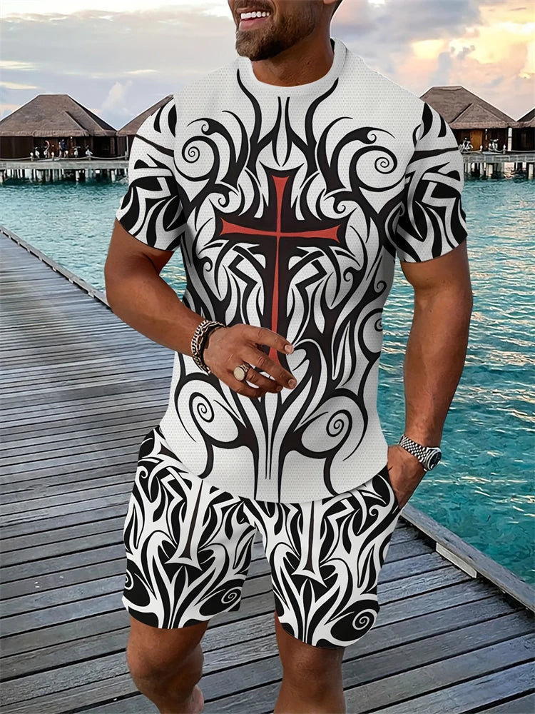 Conjunto de dos piezas de verano para hombre, camiseta de manga corta con cuello redondo y pantalones cortos con cordón, estampado 3D de León Animal, conjunto atlético transpirable para exteriores