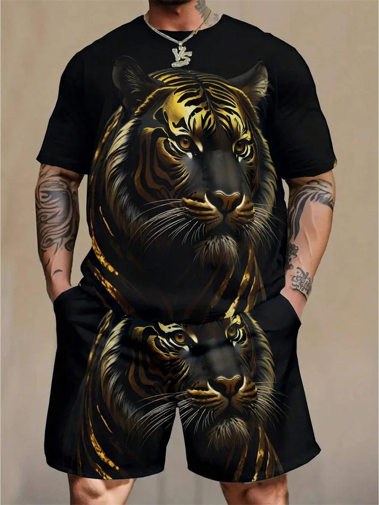 Nueva 2024 Camiseta de manga corta con cuello redondo, conjunto de pantalones cortos de moda con estampado de León en 3D, conjunto de 2 piezas de deportes de verano para hombres