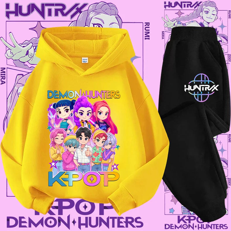 Ropa deportiva para niñas de 2 a 12 años, conjunto de 2 piezas, Top informal bonito, K-pop Demon Hunter, conjunto de camisa con capucha estampada, traje de pantalón, chándal