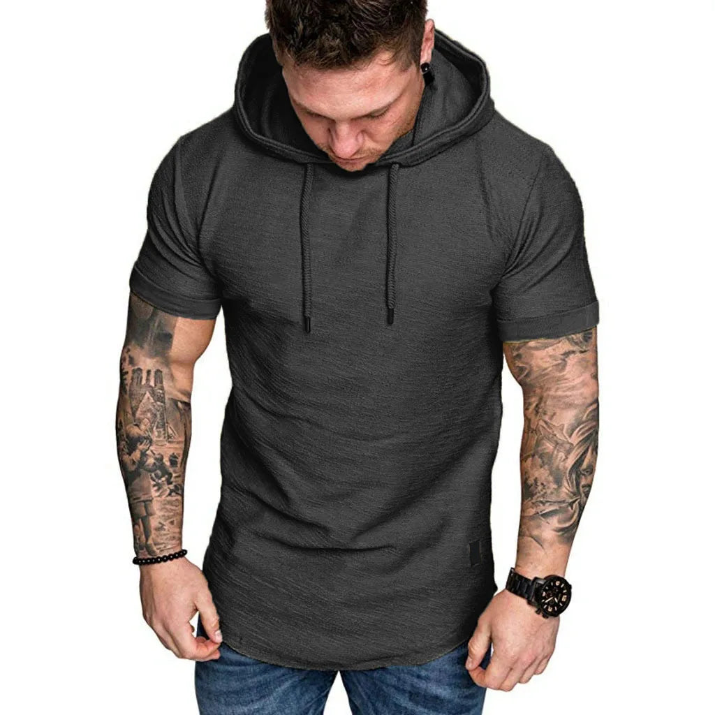 Camiseta de algodón para hombre, camisetas deportivas transpirables ajustadas de Color sólido con capucha de manga corta, camisetas informales ligeras para Fitness para hombre
