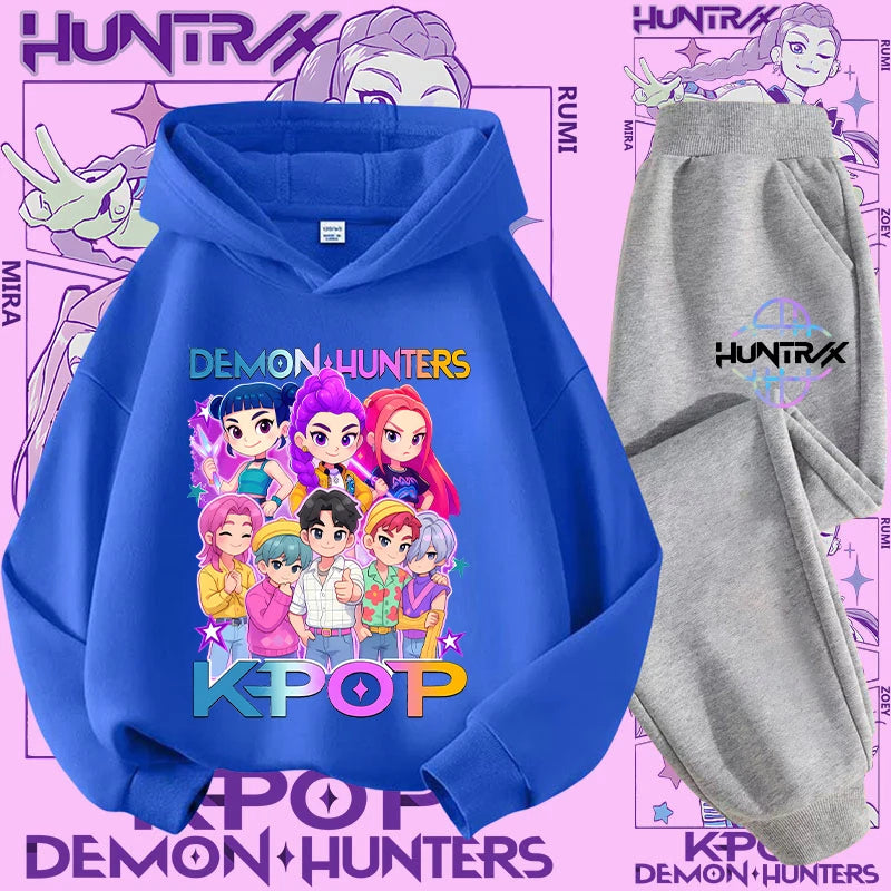 Ropa deportiva para niñas de 2 a 12 años, conjunto de 2 piezas, Top informal bonito, K-pop Demon Hunter, conjunto de camisa con capucha estampada, traje de pantalón, chándal