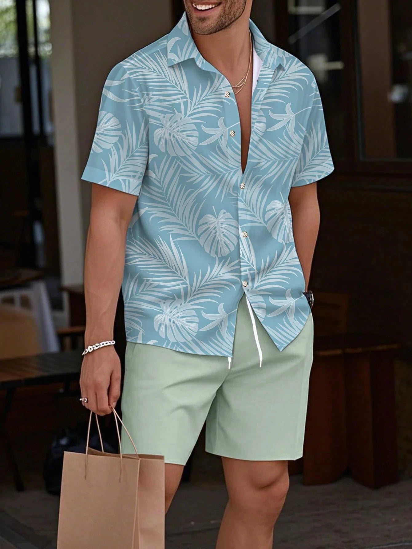 Conjunto Hawaiano 3D Plantas Tropicales Hombre | Camisa + Pantalón Corto