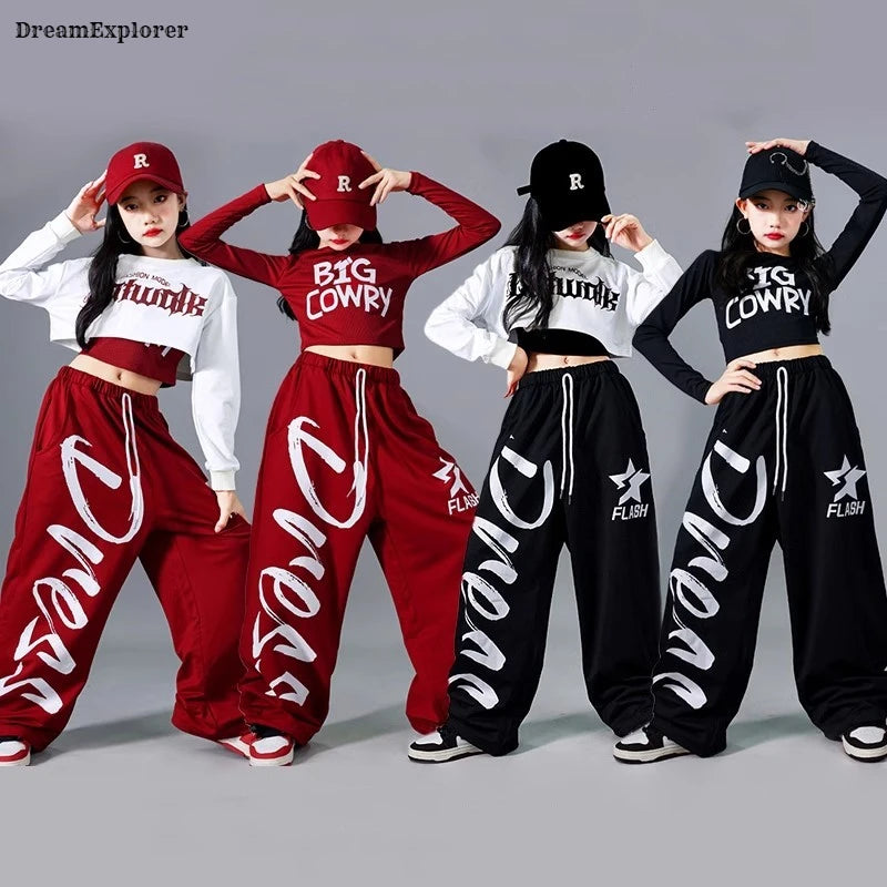 Top corto k-pop para niñas, pantalones deportivos con letras a la moda, conjuntos de ropa de grupo para niñas, ropa informal estilo Hip Hop, disfraces de Jazz para niños