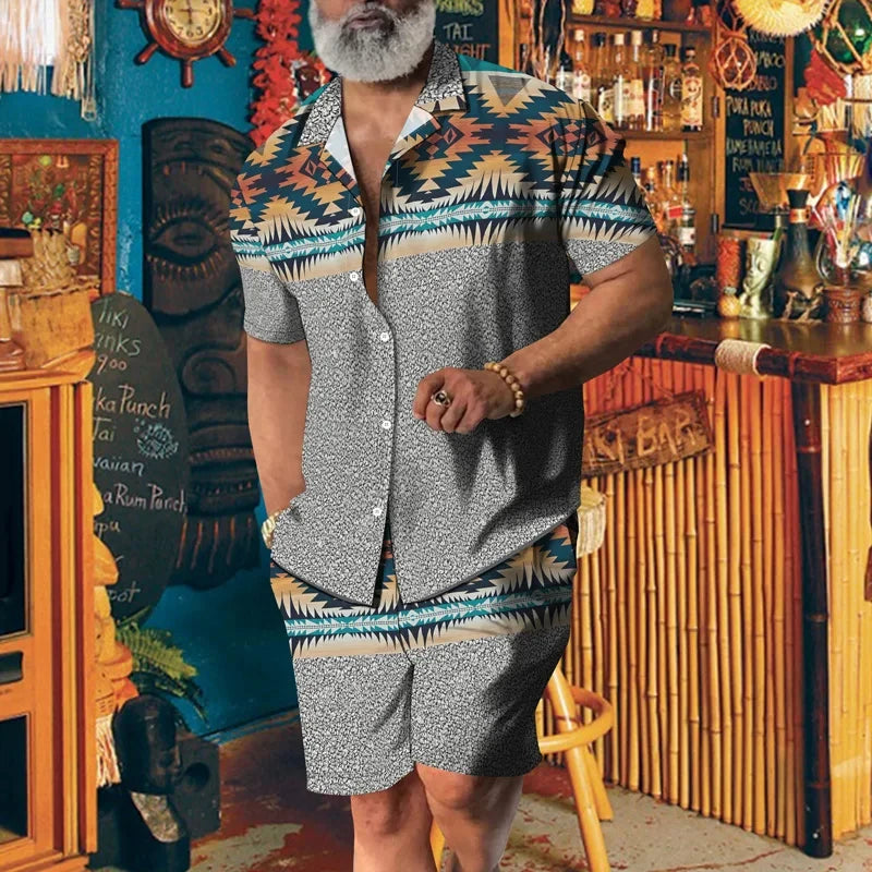 Camisa 2024 de manga corta de alto temperamento para hombre, camisa de dos piezas, nueva camisa de solapa transpirable, conjunto de pantalones cortos con cordón Casual