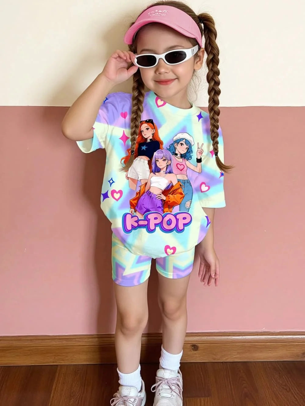 Conjunto de Camiseta y Pantalones con Estampado de Dibujos Animados Kpop, Ropa de Verano para Niñas, Conjunto de Manga Corta, Conjunto de Camiseta y Pantalones Cortos para Niños
