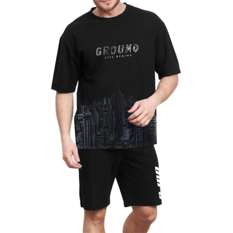 Traje deportivo informal de verano para hombre, sudadera con estampado de ciudad para correr al aire libre, pantalones de chándal transpirables de secado rápido, traje de 2 piezas