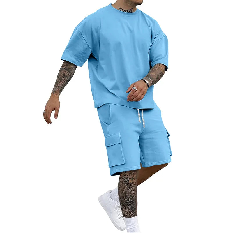 Nuevo estilo de verano, camiseta de moda y pantalones cortos de utilidad, conjunto de Color sólido, un traje informal y deportivo para hombre