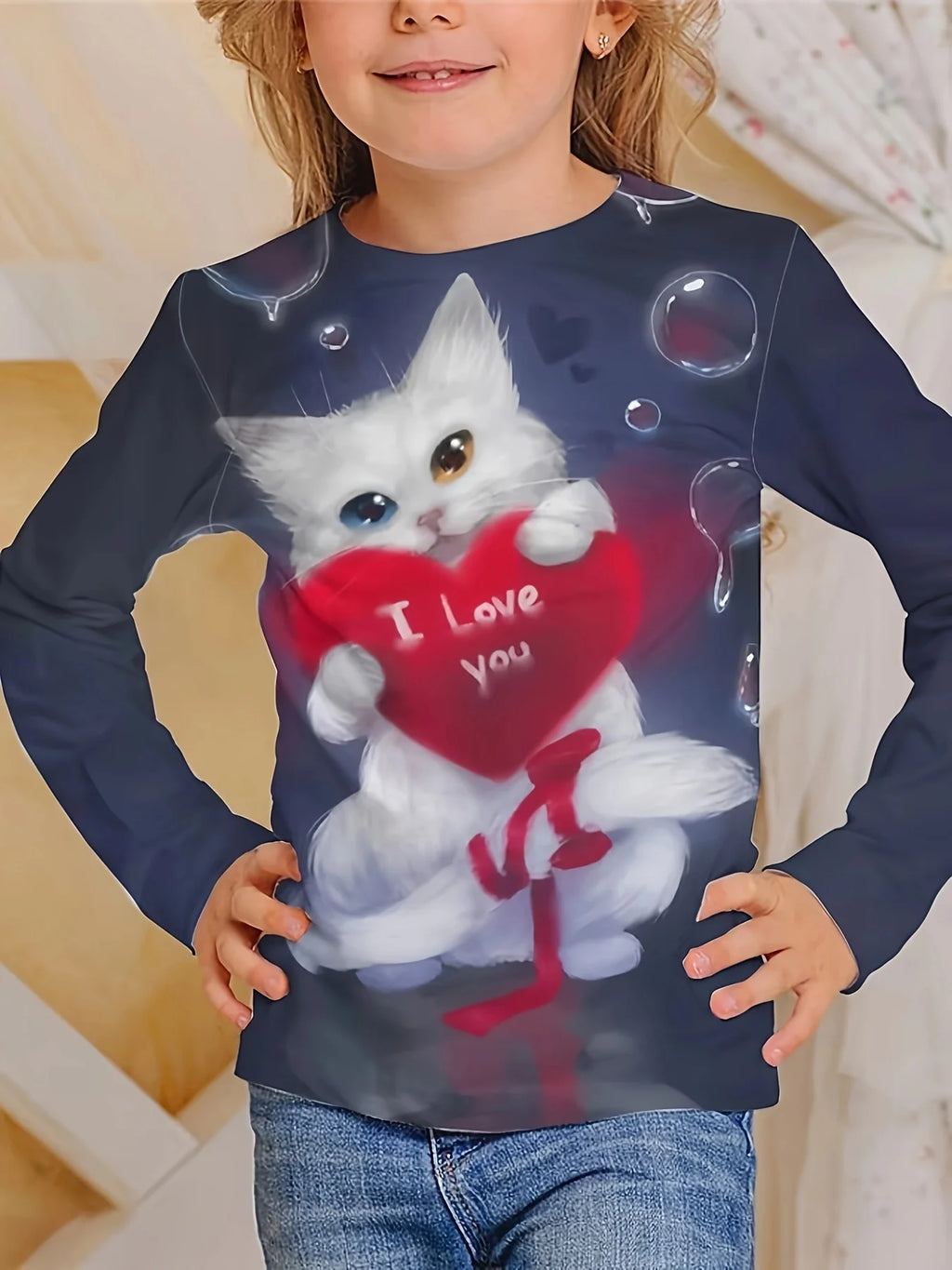 Camiseta de manga larga para niños y niñas, ropa informal con estampado de gato y cuello redondo de dibujos animados, Verano