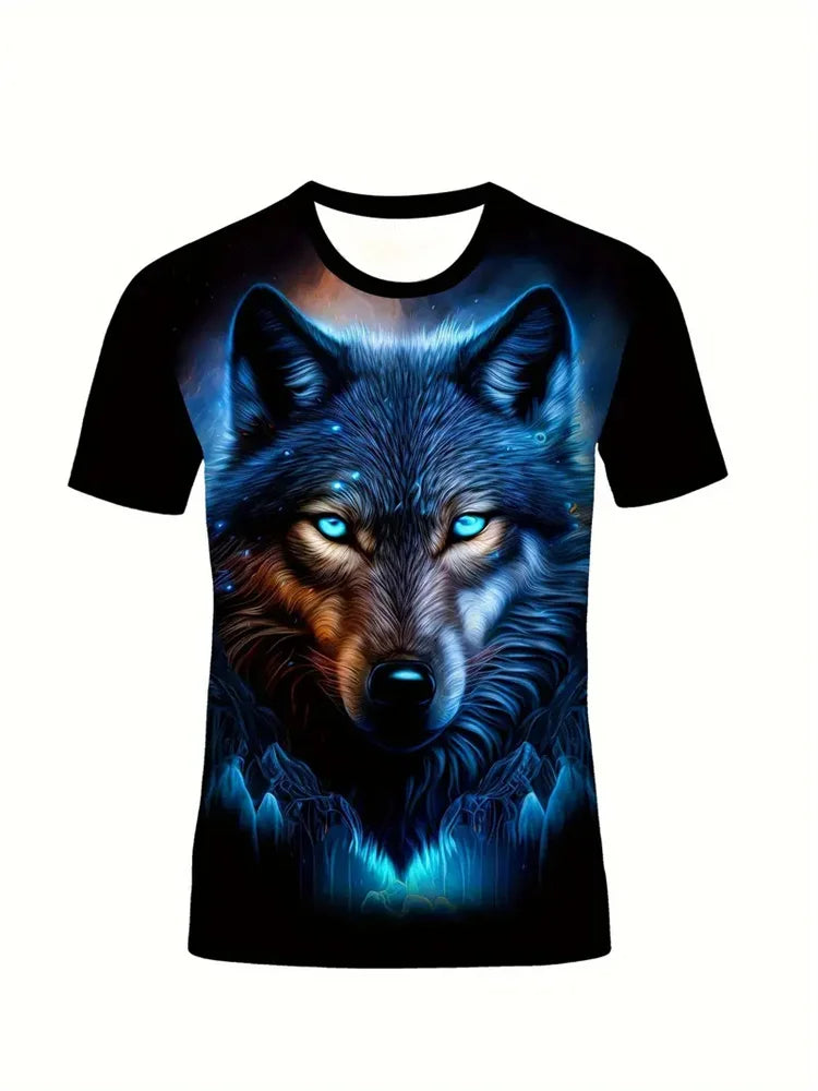 Camiseta con estampado de lobo en 3D para hombre, camisa informal de manga corta con cuello redondo, tela transpirable y cómoda, ropa de calle para exteriores para hombre