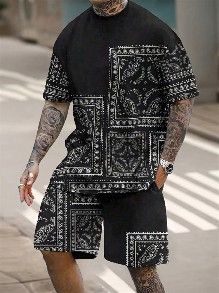 Nuevo traje transpirable de manga corta para deportes al aire libre de verano para hombre, diseño de patrón de letras, conjunto de dos piezas de estilo callejero a la moda de ocio