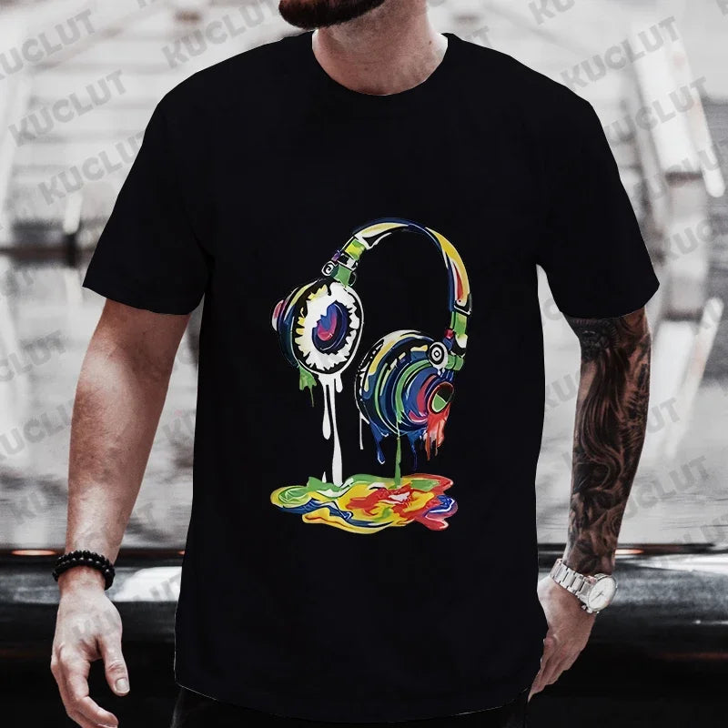 Camiseta de Verano para Hombre, Estilo Hip Hop, con Estampado Gráfico de Auriculares, Ropa Casual Urbana, Divertida, con Estampado Moderno
