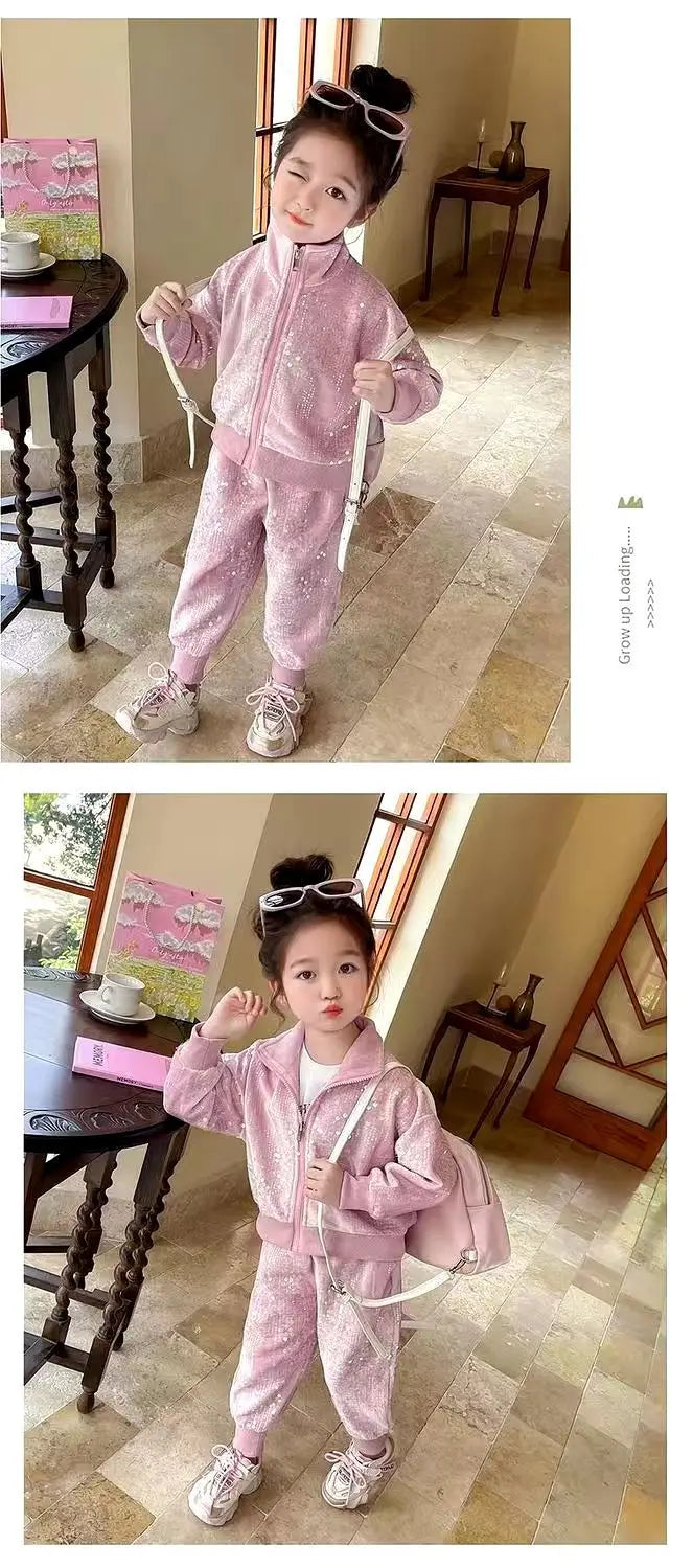 Cárdigan deportivo informal con lentejuelas para niña, conjunto de dos piezas, primavera y otoño, 2024