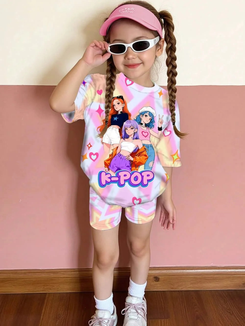 Conjunto de Camiseta y Pantalones con Estampado de Dibujos Animados Kpop, Ropa de Verano para Niñas, Conjunto de Manga Corta, Conjunto de Camiseta y Pantalones Cortos para Niños