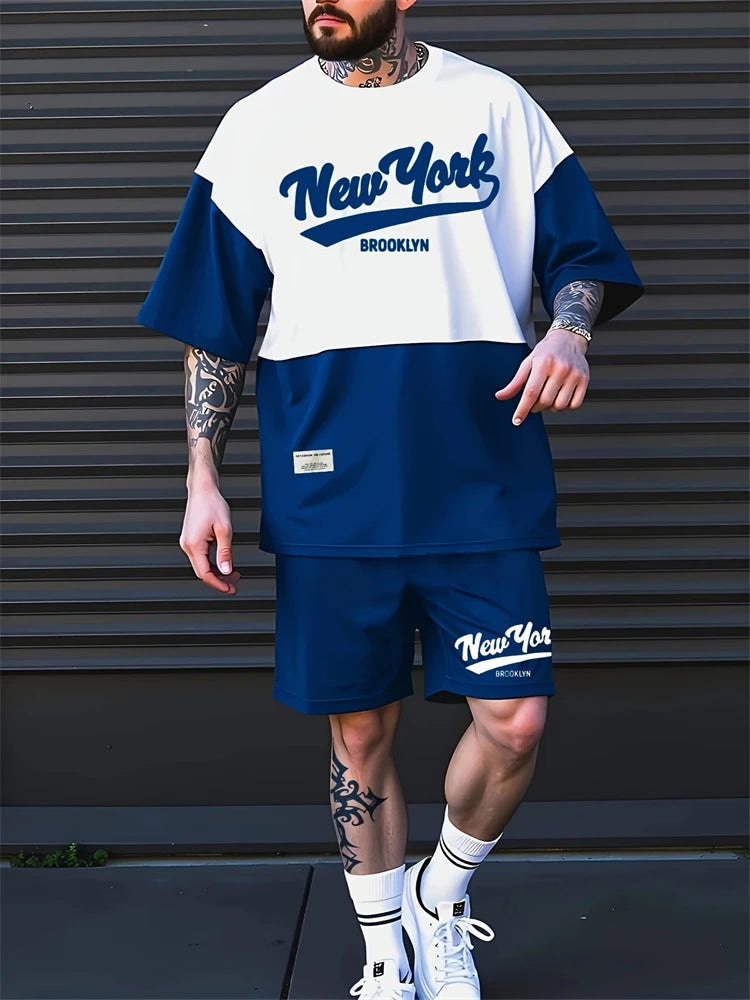 Nuevo traje transpirable de manga corta para deportes al aire libre de verano para hombre, diseño de patrón de letras, conjunto de dos piezas de estilo callejero a la moda de ocio