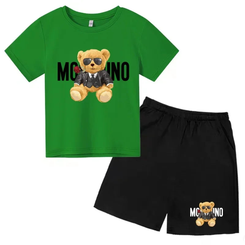 Boys Girls Summer Casual 2Pcs Set Lovely Bear Letter Print T-shirt & Shorts Comfortable Sports Running Suit