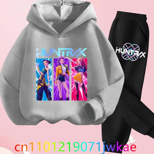 Conjuntos de sudaderas con capucha y pantalones de cazadores de demonios para adolescentes, Sudadera con capucha de película de Anime coreano para niños y niñas, trajes deportivos con capucha de manga larga a la moda