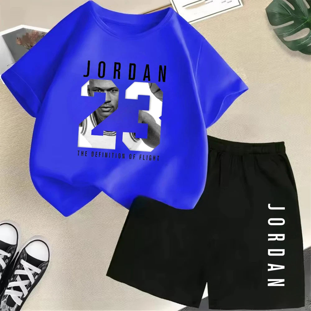 Conjunto de camiseta de manga corta de verano para niños, moda deportiva, pantalones cortos para niños y niñas, conjunto informal de 2 uds con estampado de gráficos de marca, conjunto para chico