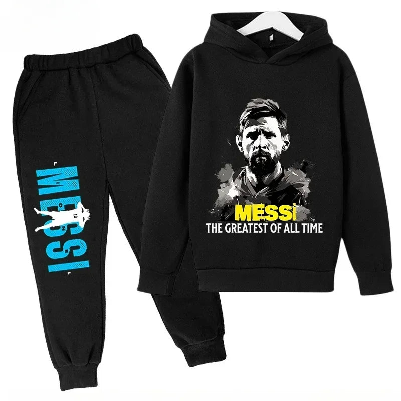 Conjunto deportivo para niños de primavera y otoño, traje con capucha y pantalones con estampado de Messi, conjunto de 2 uds., ropa para niños y niñas, chándal informal de moda