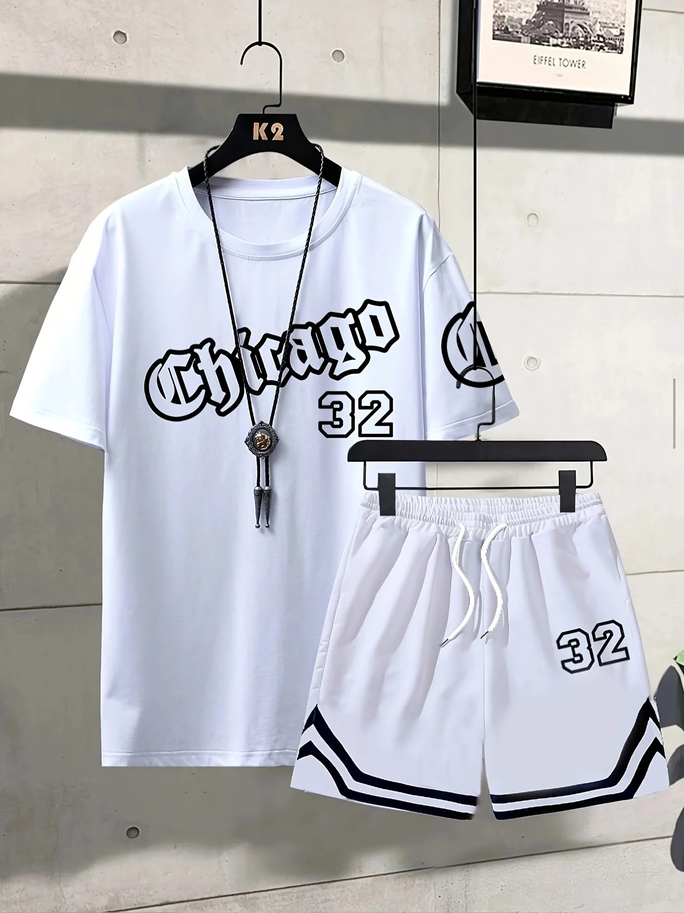 Conjunto relajado con temática Chicago de verano para hombre, conjunto de camiseta y pantalones cortos estampados talla 32, conjunto deportivo informal de dos piezas de talla grande para adultos