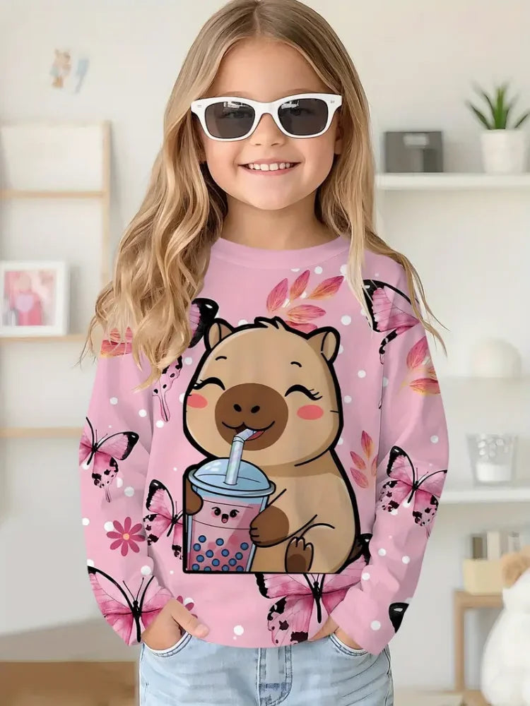 Camiseta de capibala de animales de dibujos animados, camisetas con cuello redondo, camiseta de moda de manga larga, ropa para niños y niñas de 7 a 8 años, ropa para niños