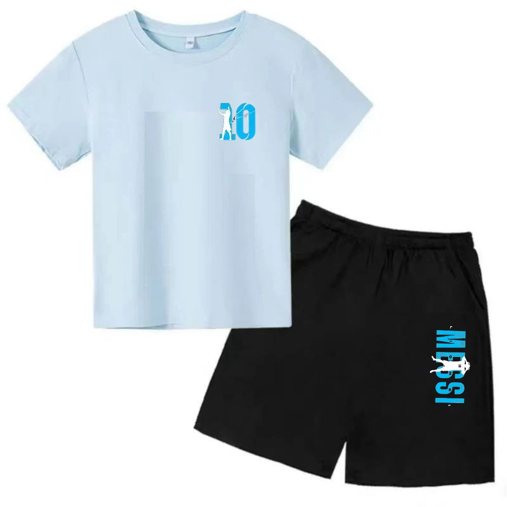 Conjunto de verano para niños, camiseta de manga corta con estampado Messi + Pantalones cortos, conjunto de 2 uds., traje deportivo informal a la moda para niños y niñas, ropa para fanáticos