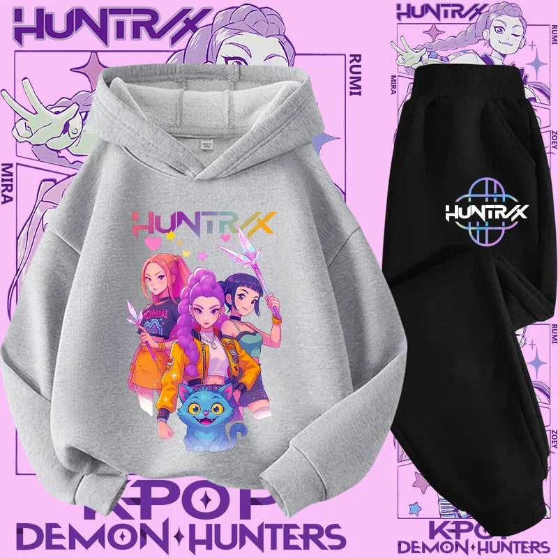 Ropa deportiva para niñas de 2 a 12 años, conjunto de 2 piezas, Top informal bonito, K-pop Demon Hunter, conjunto de camisa con capucha estampada, traje de pantalón, chándal