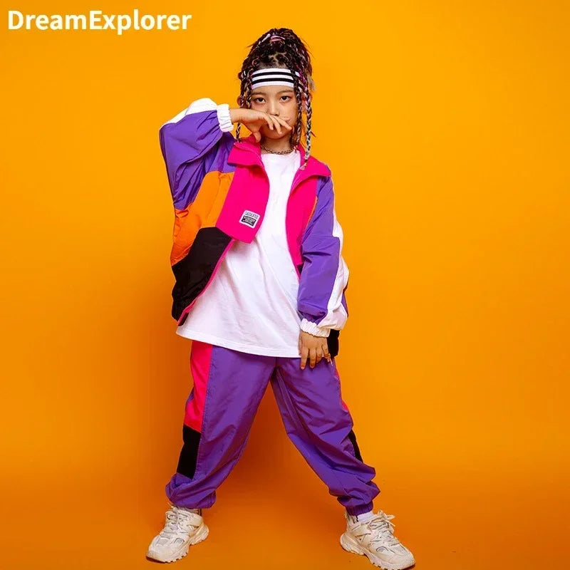 Abrigo de contraste de Hip Hop para niños y niñas, conjunto de ropa de Jazz para correr, chaqueta de retazos de baile callejero, pantalones de chándal, disfraz para niños, ropa de calle