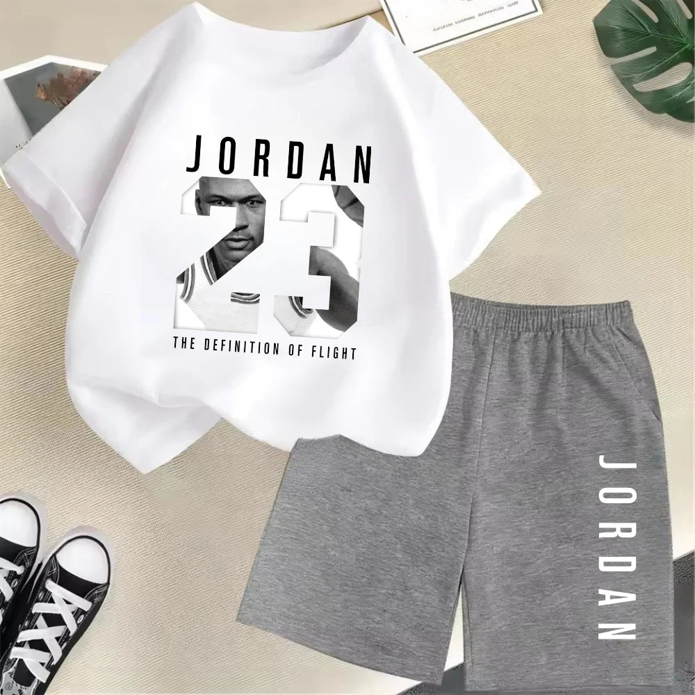 Conjunto de camiseta de manga corta de verano para niños, moda deportiva, pantalones cortos para niños y niñas, conjunto informal de 2 uds con estampado de gráficos de marca, conjunto para chico