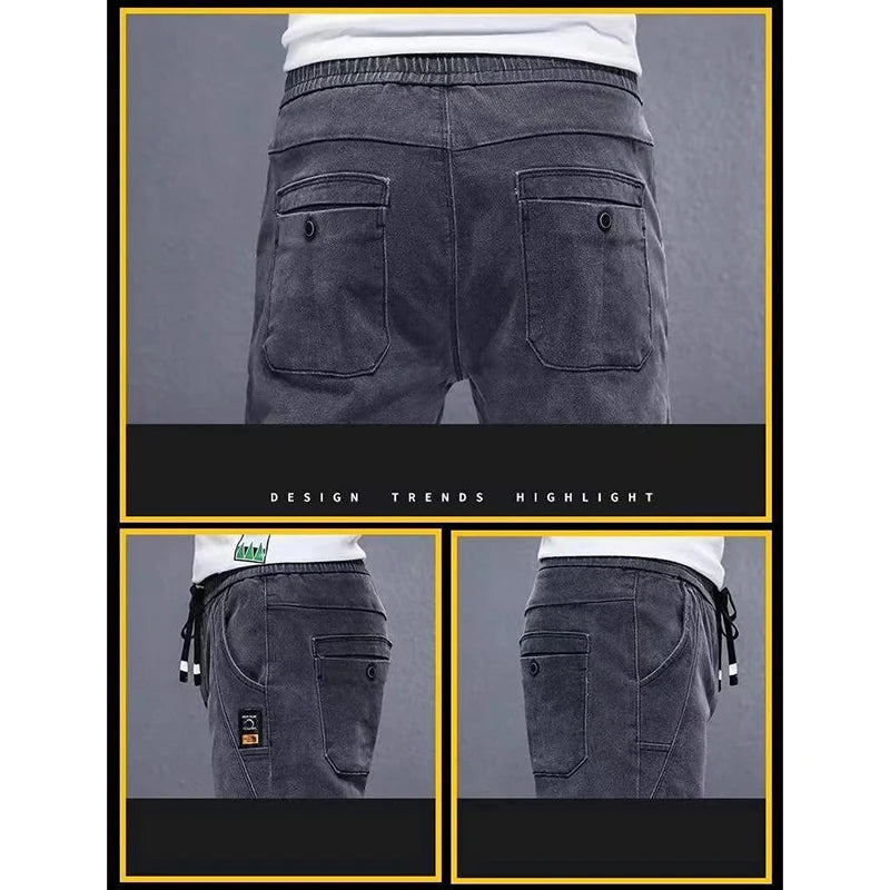 Pantalones vaqueros con cintura elástica para hombre, Pantalón cómodo de felpa, térmico, Harem, a la moda, pierna estrecha, color gris, otoño e invierno, 2024