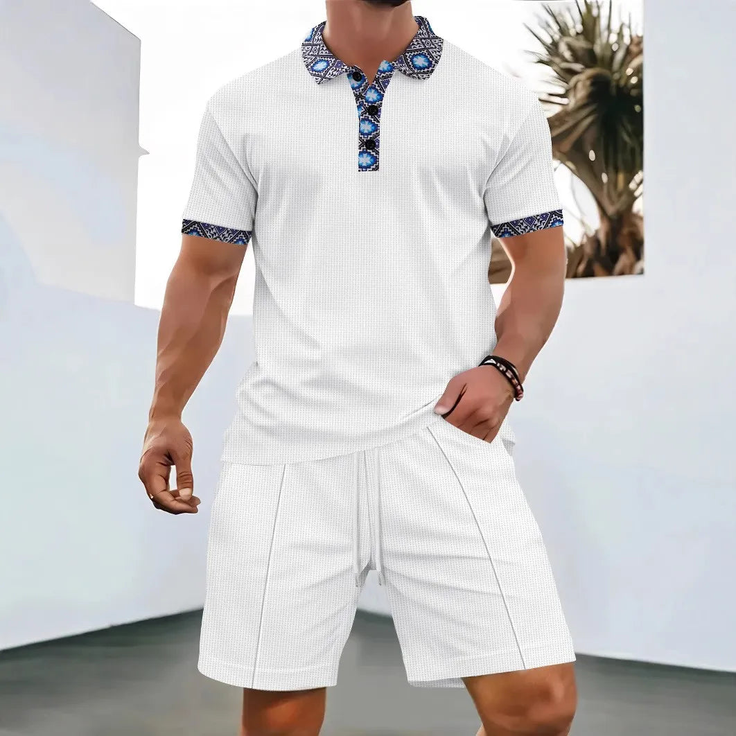 Conjunto de Dos Piezas para Hombre, Verano 2026, Estilo Europeo y Estadounidense, Color Liso, Cierre de Cremallera, Solapa, Manga Corta, Pantalones Cortos
