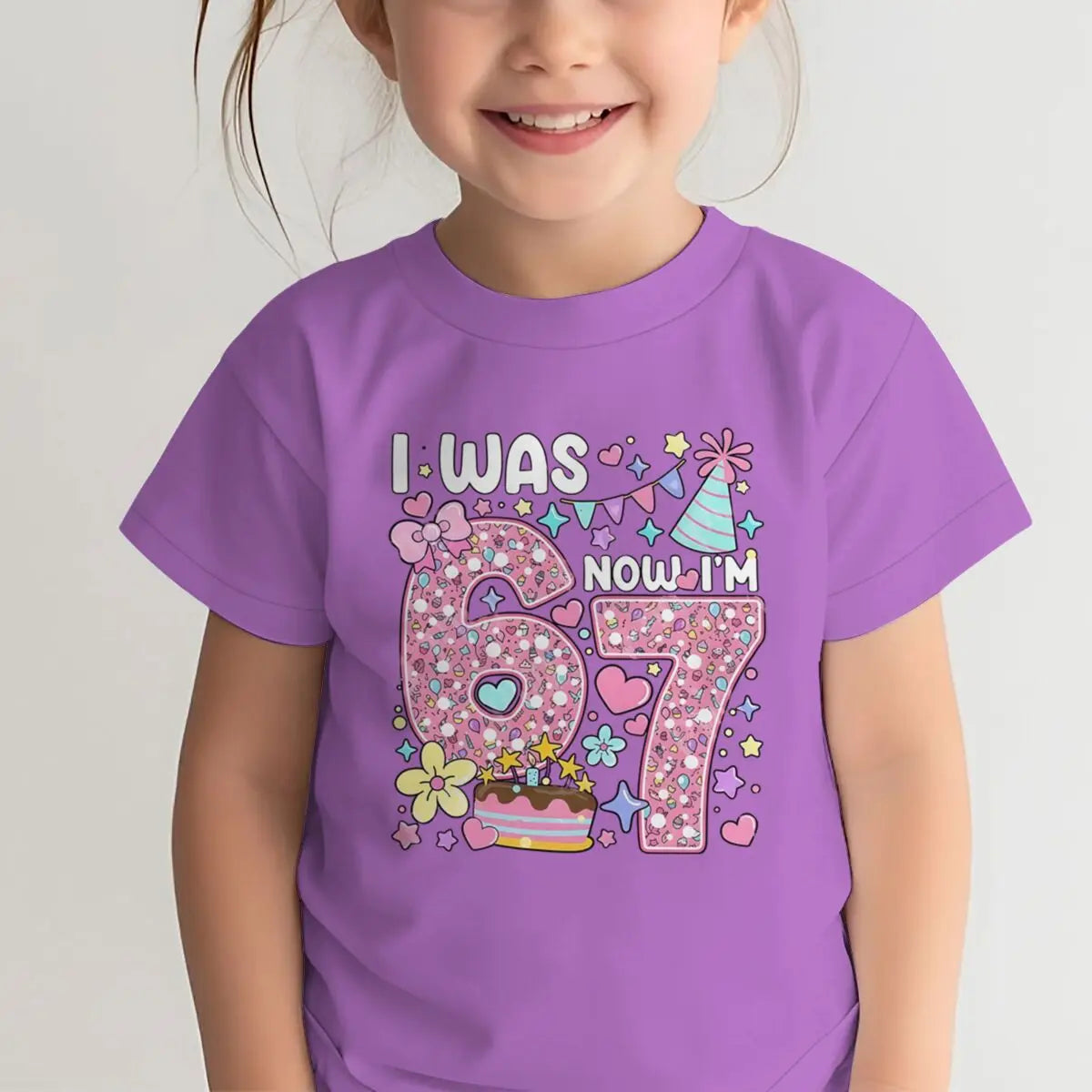 Camiseta para niñas con estampado de números, de algodón, de manga corta y cuello redondo, para el séptimo cumpleaños, con la frase 'I Was 6 Now I'm 7', para niñas de 7 años