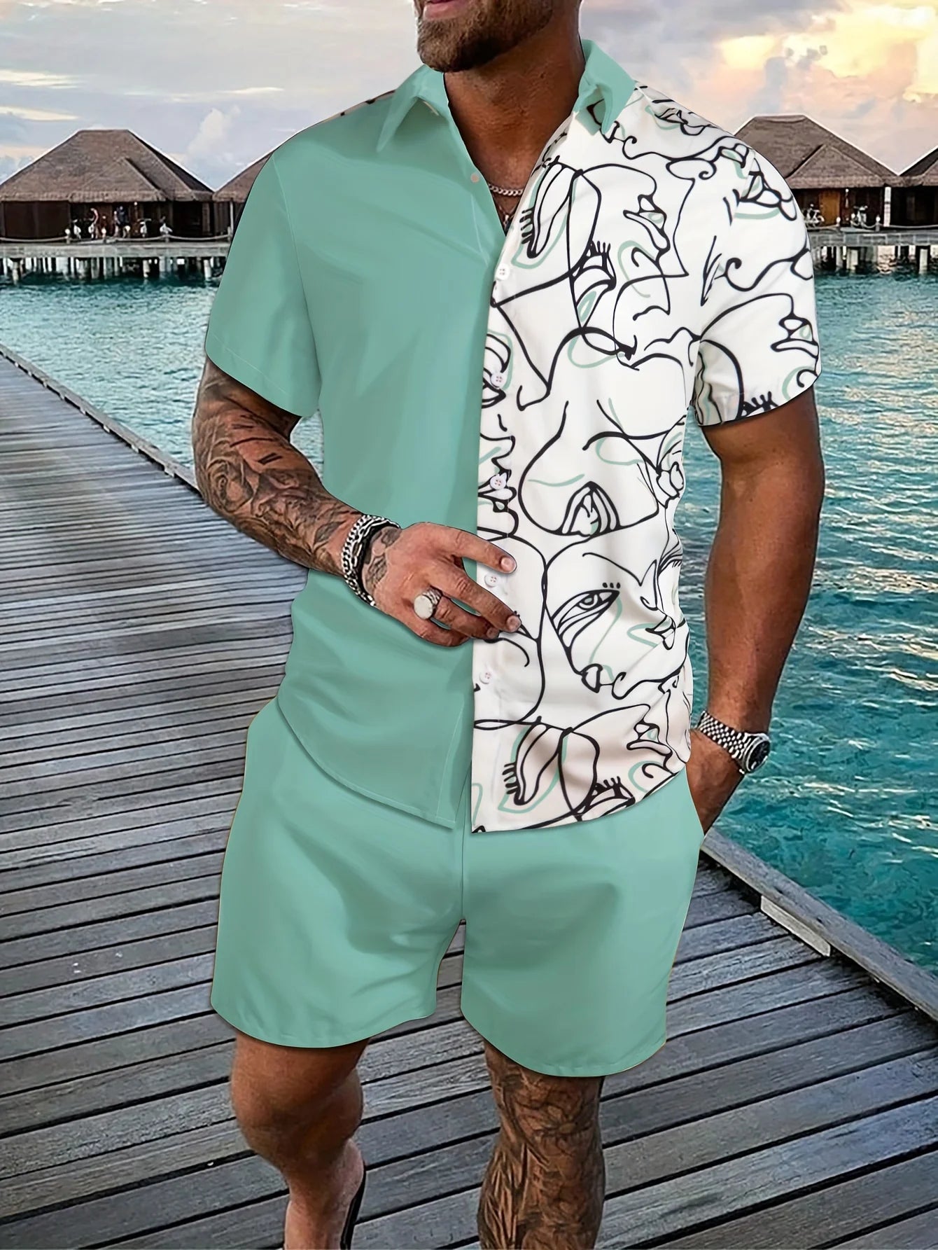 Conjunto Hawaiano Hombre – Camisa Manga Corta y Pantalón Corto de Playa