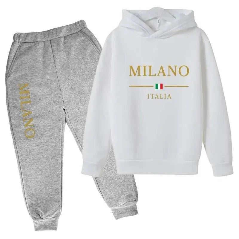 Sudadera con capucha y pantalones con estampado de letras de marca de moda, conjunto deportivo de 2 piezas para niños y niñas, ropa informal, conjunto infantil