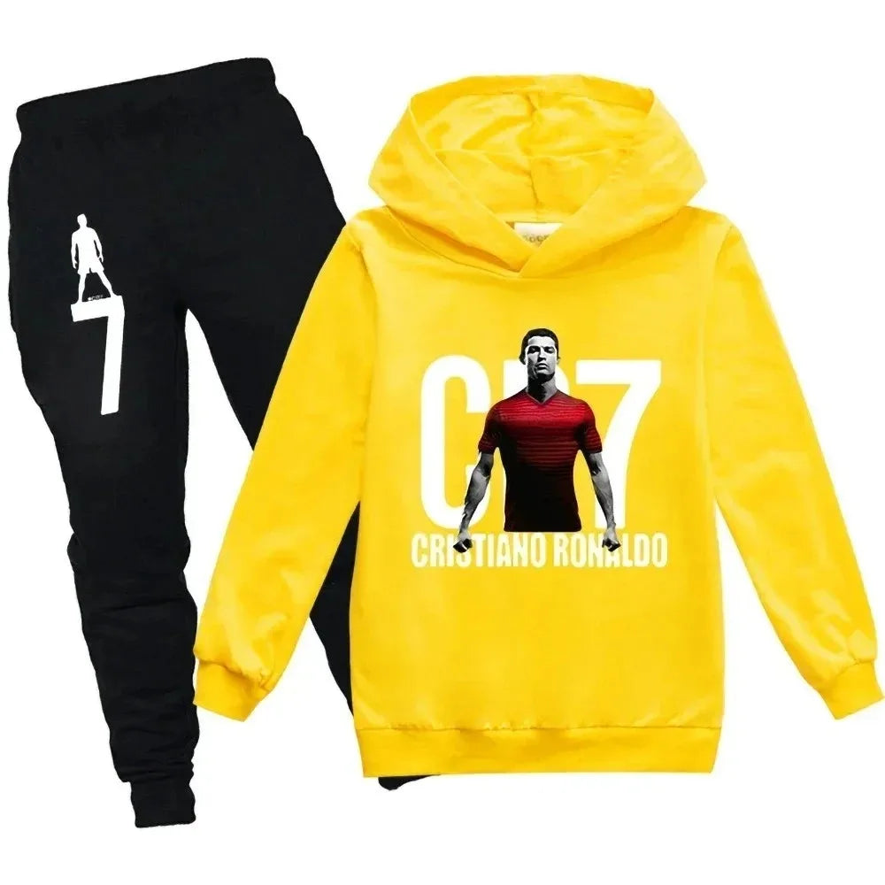 Conjunto de Sudadera con Capucha y Pantalones con Estampado de Fútbol CR7 para Niños de 3 a 12 Años, Primavera-Otoño, 2 Piezas, Conjunto Infantil, Trajes de Pantalones, Ropa para Niños