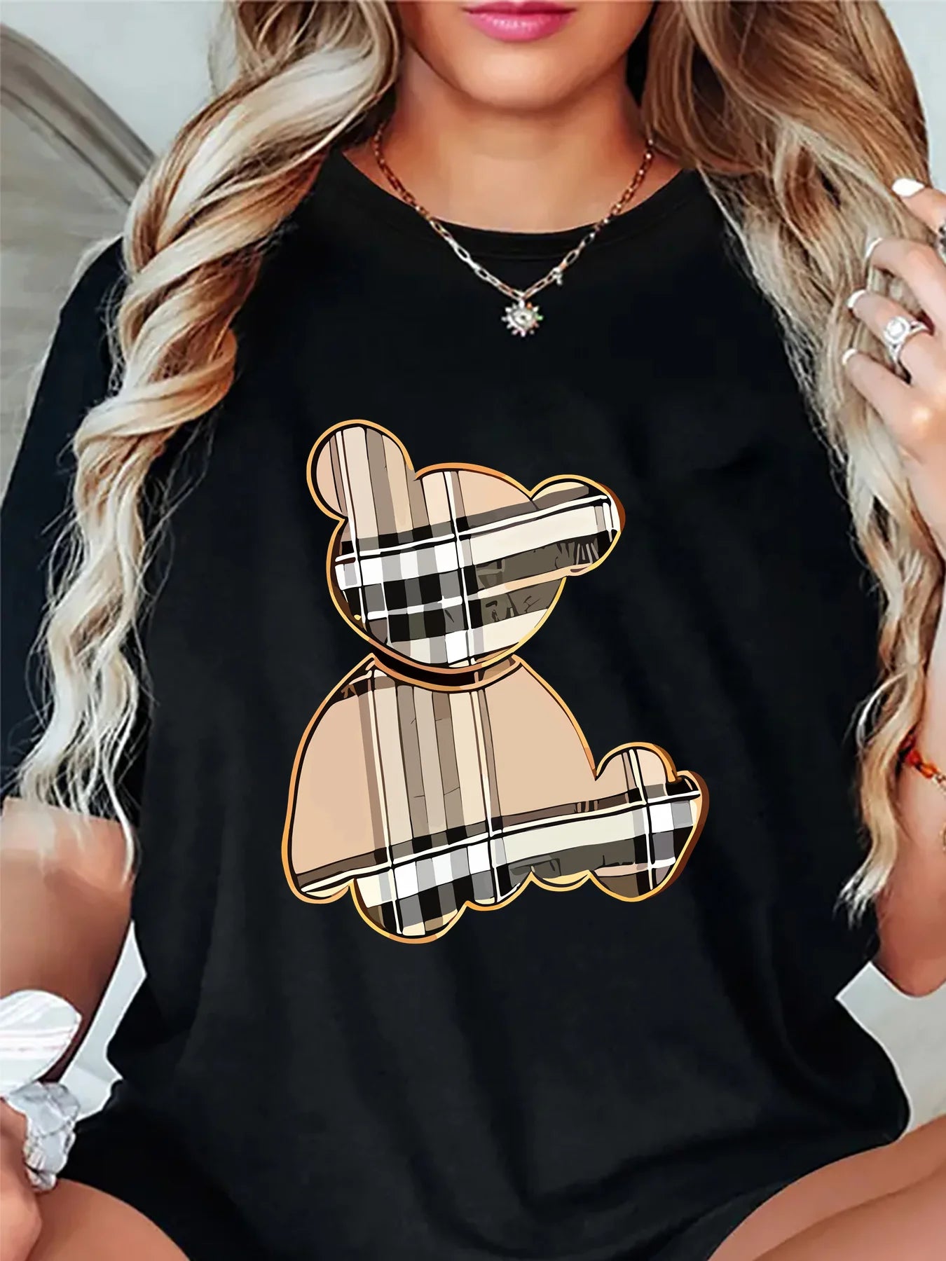Camiseta deportiva informal con estampado de oso a rayas para mujer, Top de manga corta con cuello redondo, transpirable, que absorbe la humedad, ligero y suave