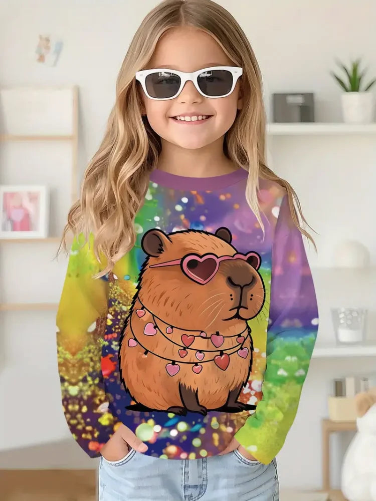 Camiseta de capibala de animales de dibujos animados, camisetas con cuello redondo, camiseta de moda de manga larga, ropa para niños y niñas de 7 a 8 años, ropa para niños