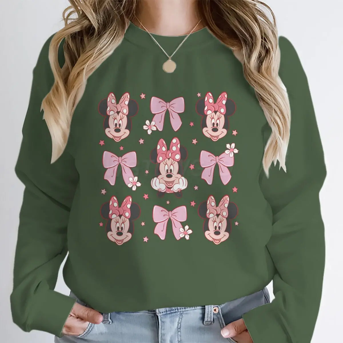 Sudaderas con capucha y lazo de Minnie rosa para mujer, ropa de dibujos animados Kawaii, jerséis de manga larga con cuello redondo de Minnie Mouse