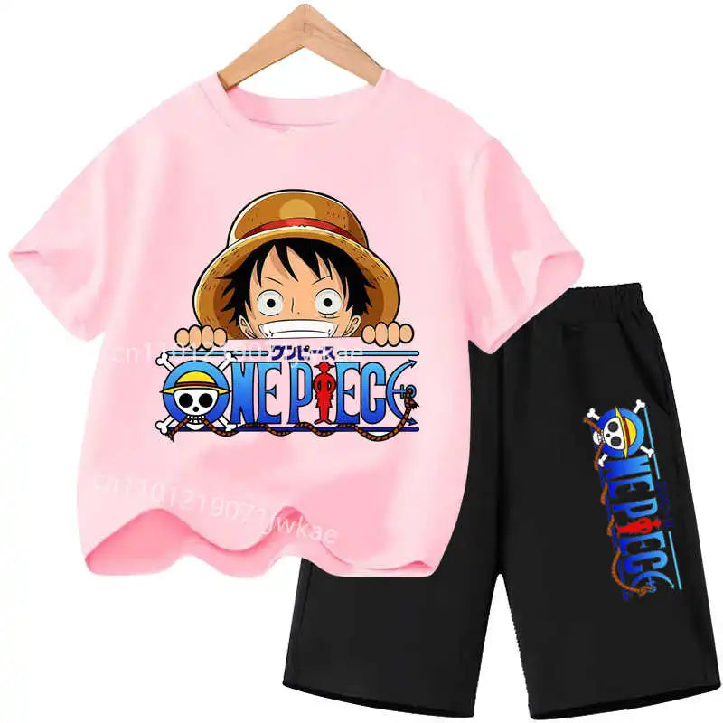 Conjunto de Ropa de Verano para Niños, Camiseta de Manga Corta con Estampado de Anime para Niños y Niñas, Pantalones Cortos, 2 Piezas, Traje de una Pieza para Niños, Chopper Luffy