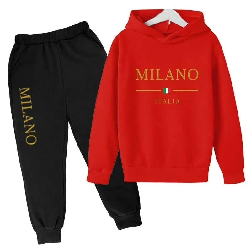 Sudadera con capucha y pantalones con estampado de letras de marca de moda, conjunto deportivo de 2 piezas para niños y niñas, ropa informal, conjunto infantil