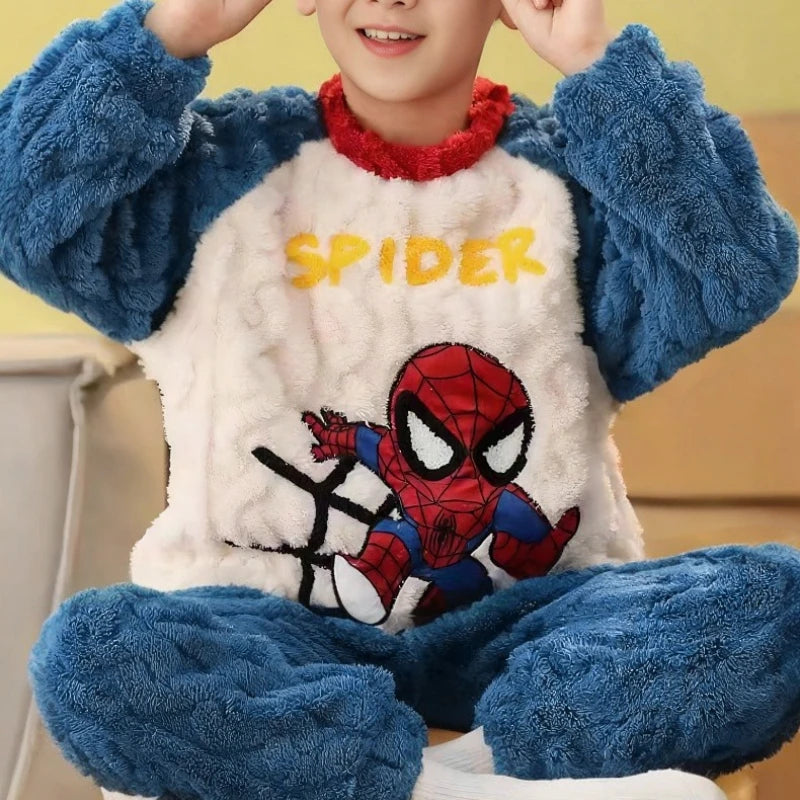 Otoño/Invierno Disney ropa para niños conjunto de ropa de dormir para niños conjunto de pantalones gruesos y cálidos de franela pijamas de dos piezas ropa para niños Spiderman