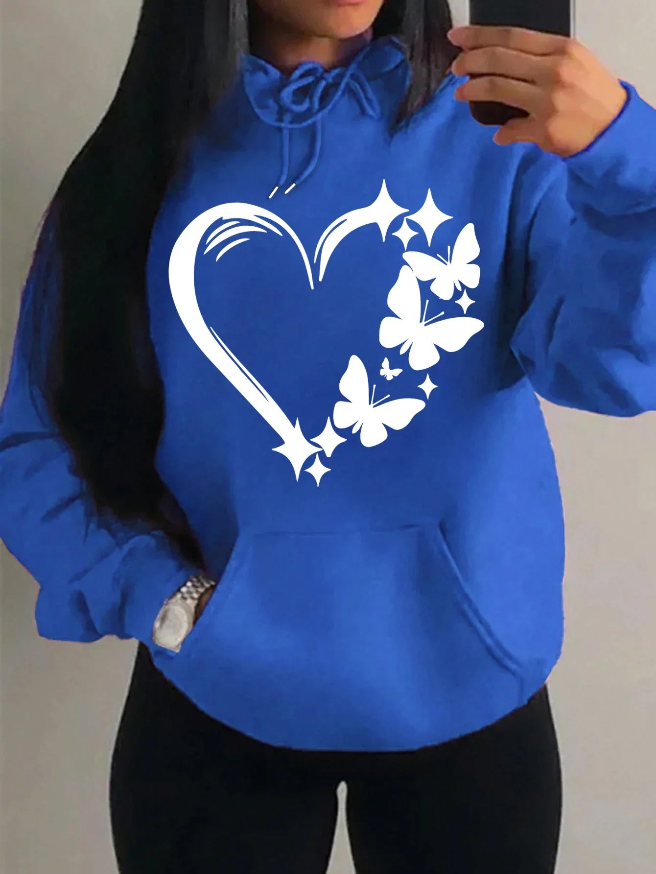Sudadera con capucha con estampado de amor y mariposa para mujer, moda urbana de Hip Hop, ropa de bolsillo, Sudadera con capucha Retro multicolor